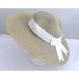 Liz Claiborne Wide Brim Straw Sun Hat White Wrap Around Bow Vintage Y2K Retro